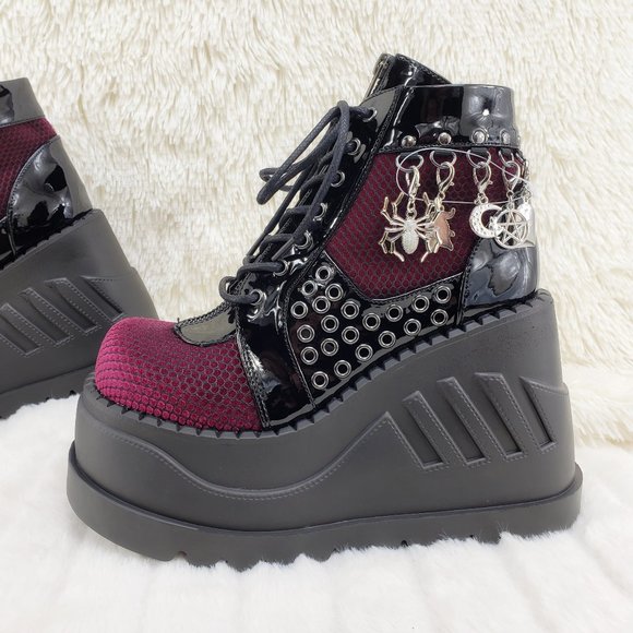 Demonia Shoes - Restocked Stomp Platform Goth Charm Ankle Boots  Burgundy